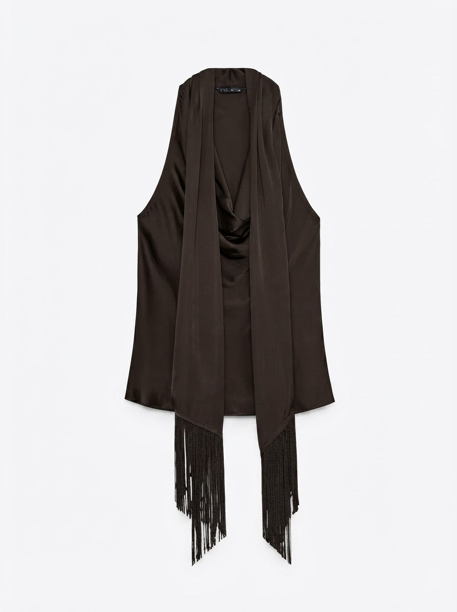 Zara elegantni top s ovratnikom-šalom i resicama | L