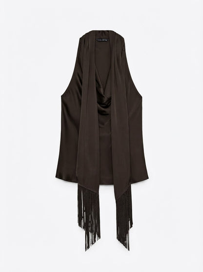 Zara elegantni top s ovratnikom-šalom i resicama | L