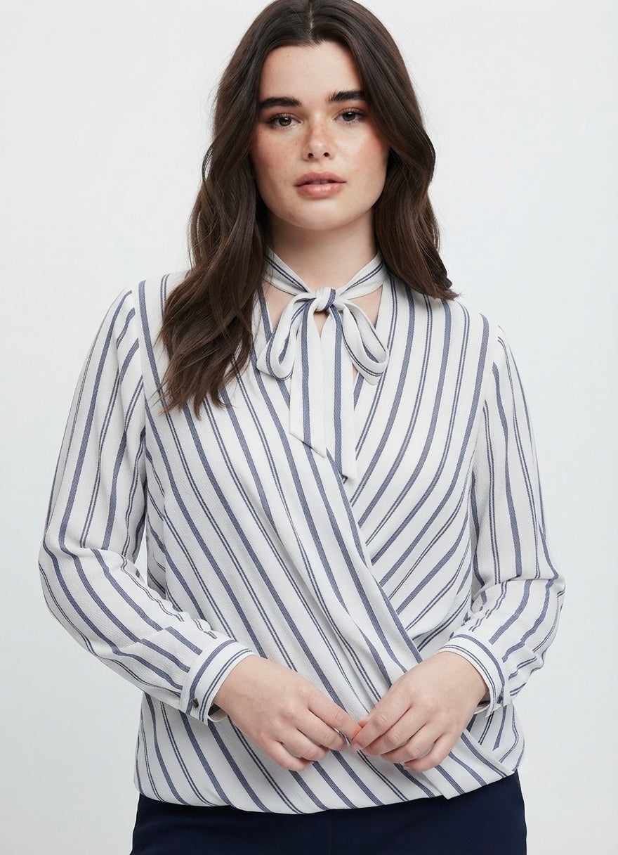 Elegantna prugasta bluza s vezanjem oko vrata | XXL