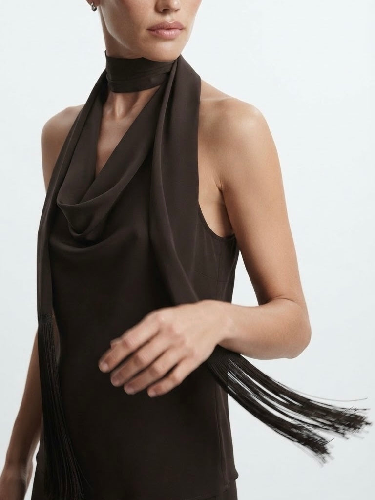 Zara elegantni top s ovratnikom-šalom i resicama | L