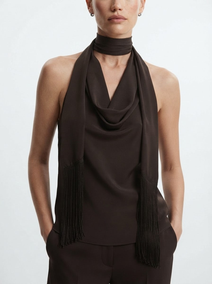 Zara elegantni top s ovratnikom-šalom i resicama | L