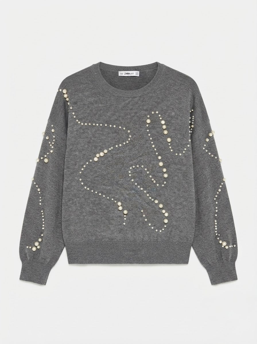 Zara sivi džemper s imitacijom bisera | M
