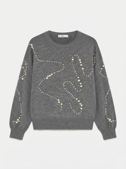 Zara sivi džemper s imitacijom bisera | M