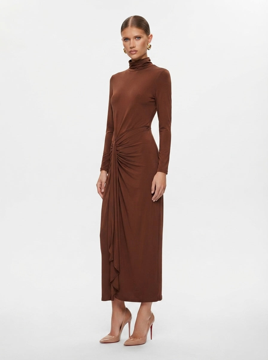 Elegantna midi haljina u čokoladno smeđoj boji | L